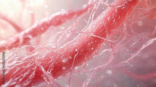 3D render of magnified collagen fibers showcases their intricate, stretching structure with soft, glowing light. image highlights fibrous texture and organic complexity