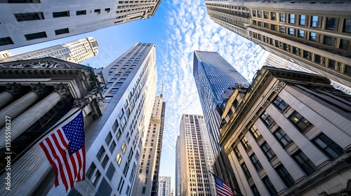 Imposing view of towering skyscrapers and historical buildings against a bright blue sky in a bustling downtown area : Generative AI
