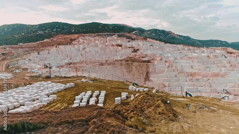 Tiered Marble Quarry with Stacked Blocks – Wide View Tiered Marble Quarry with Stacked Blocks – Wide View