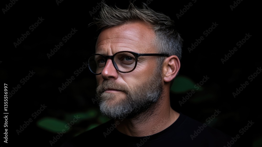 Close-up portrait of a man with glasses and beard. Dark background highlights facial features Close-up portrait of a man with glasses and beard. Dark background highlights facial features