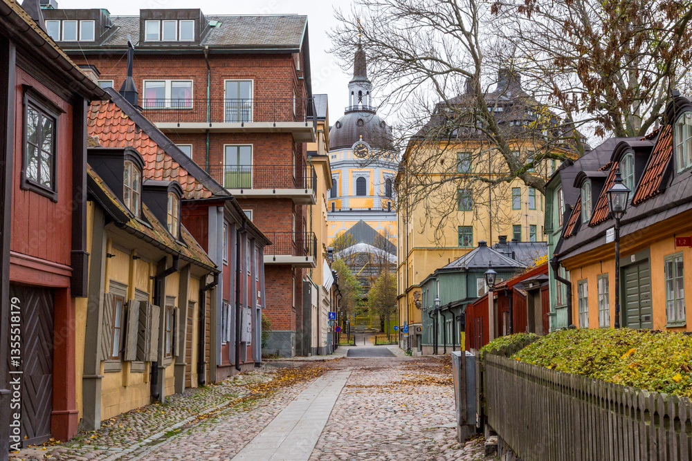 Europe, Sweden, Stockholm, Soder Island, Sodermalm. 19th Century houses nearby Master Mikaels Gata. Fjallgatan.