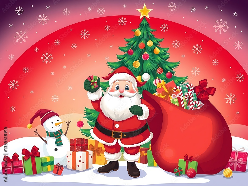 Santa Claus with Gifts, Christmas Celebration, Festive Holiday Illustration, Santa Claus with Gift Sack and Christmas Tree - Festive Holiday Scene, Merry Christmas Vector - Santa Trees Background Santa Claus with Gifts, Christmas Celebration, Festive Holiday Illustration, Santa Claus with Gift Sack and Christmas Tree - Festive Holiday Scene, Merry Christmas Vector - Santa Trees Background