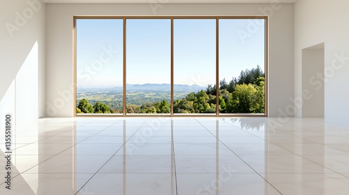 Empty Room Overlooking Scenic Landscape Through Panoramic Window with Beautiful Mountains