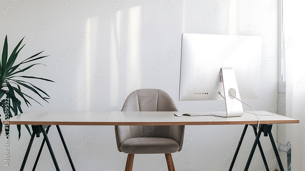 Fototapeta premium Modern minimalist workspace with a computer and chair Clean lines bright light and a touch of nature