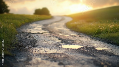 Wallpaper Mural Winding Country Road Surrounded by Green Fields Under a Soft Sunset Sky with Reflections in Puddles Torontodigital.ca