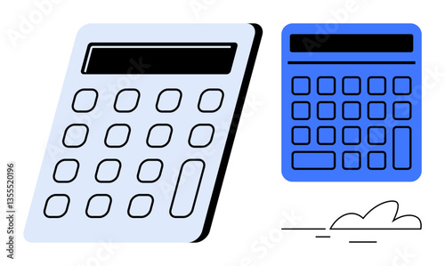 Two calculators, one light and one dark, feature prominently with large buttons and a digital display. Ideal for finance, accounting, budgeting, education, calculations, business flat simple