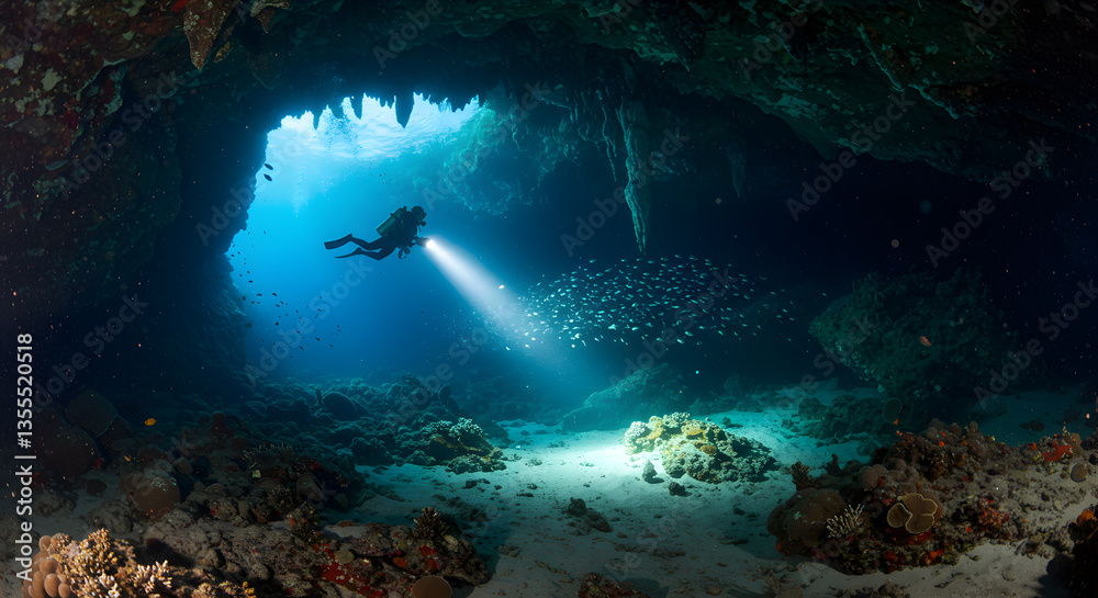 Fototapeta premium Spectacular underwater exploration: Scuba diver illuminates an aquatic cave teeming with life