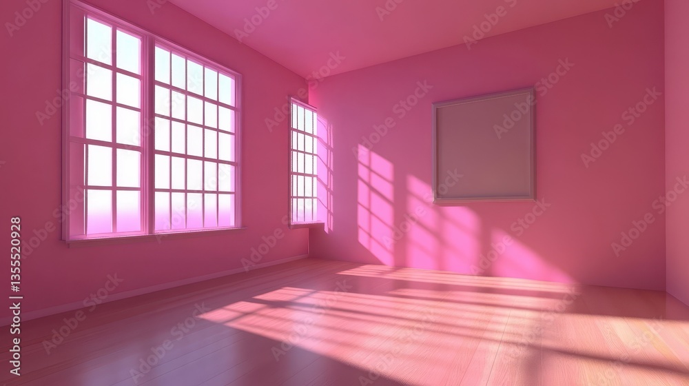Pink Room with Sunlight Streams Through Windows, and Empty Frame. Pink Room with Sunlight Streams Through Windows, and Empty Frame.