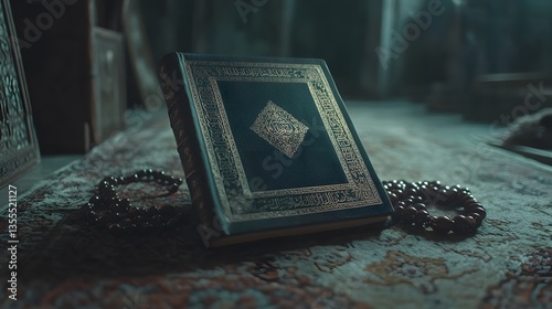 A holy Quran rests on a prayer rug, accompanied by prayer beads. The image evokes a sense of peace and spirituality, capturing the essence of Islamic faith.