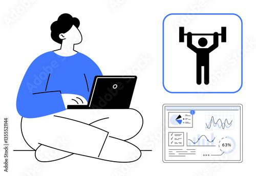 Sitting person works on laptop while graphs and fitness icon underline productivity, health, data management, balance, and goals. Ideal for wellness, productivity, tech, analytics and motivation
