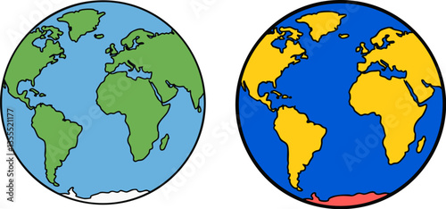 Illustration depicts Earth before and after global warming with rising sea levels and melting ice caps, ideal for educational content.