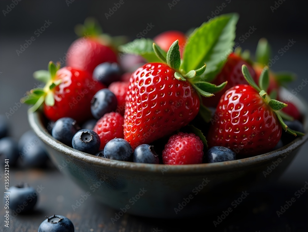 Fresh strawberries and blueberries in a textured bowl garnished with mint leaves on a dark background Fresh strawberries and blueberries in a textured bowl garnished with mint leaves on a dark background