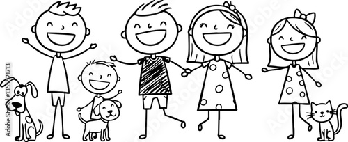 Cheerful stick figures of a family and their pets are smiling broadly in this simple black and white drawing, perfect for child-related designs.