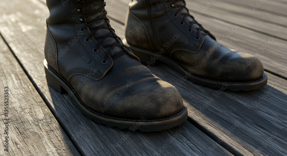 Pair of Worn Leather Boots Standing on Rustic Wooden Planks