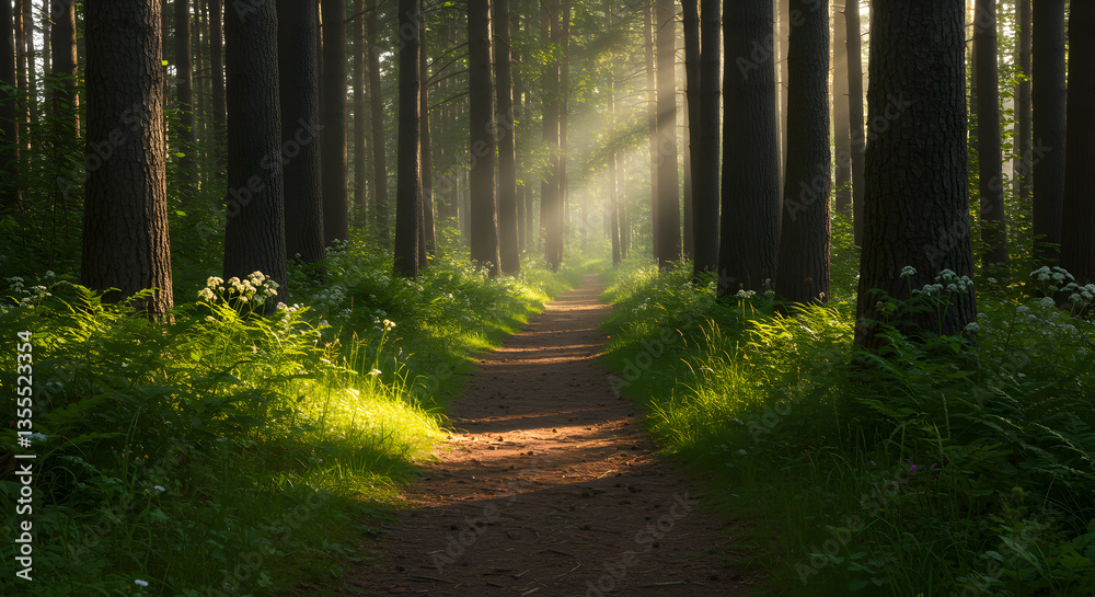 Fototapeta premium Walking Along Sunlight Dappled Path through Serene Forest Landscape