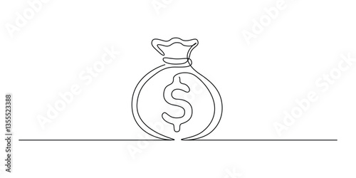 Dollar money bag in one continuous line drawing. Sack with cash and golden coins in simple linear style. Savings money and bank concept in Editable stroke. Doodle oneline vector illustration