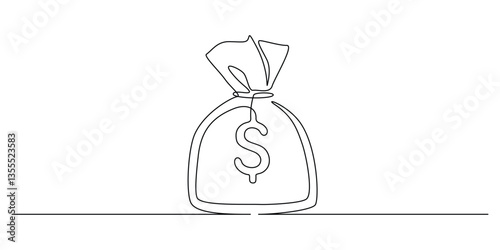 Dollar money bag in one continuous line drawing. Moneybag with cash and coins in simple linear style. Savings money and bank concept in Editable stroke. Doodle contour vector illustration