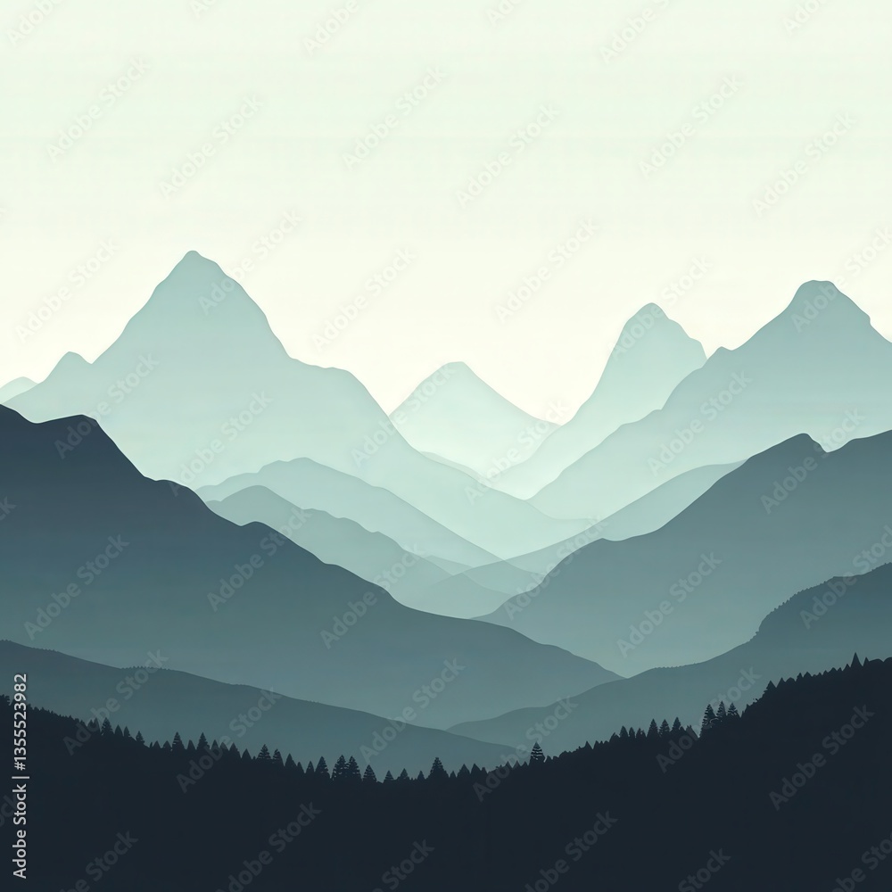 Naklejka premium Mountain Layers Silhouetted ridge and range layers in tranquil, misty mountain landscape