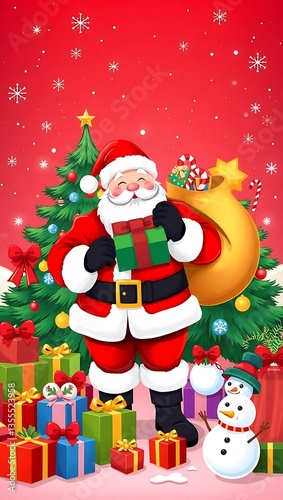 Santa Claus Holding Gifts in Front of a Christmas Tree - Festive Holiday Art, Santa Claus with Gifts, Christmas Celebration Scene, Festive Holiday Illustration, Magical Christmas Scene Santa 8K HD
