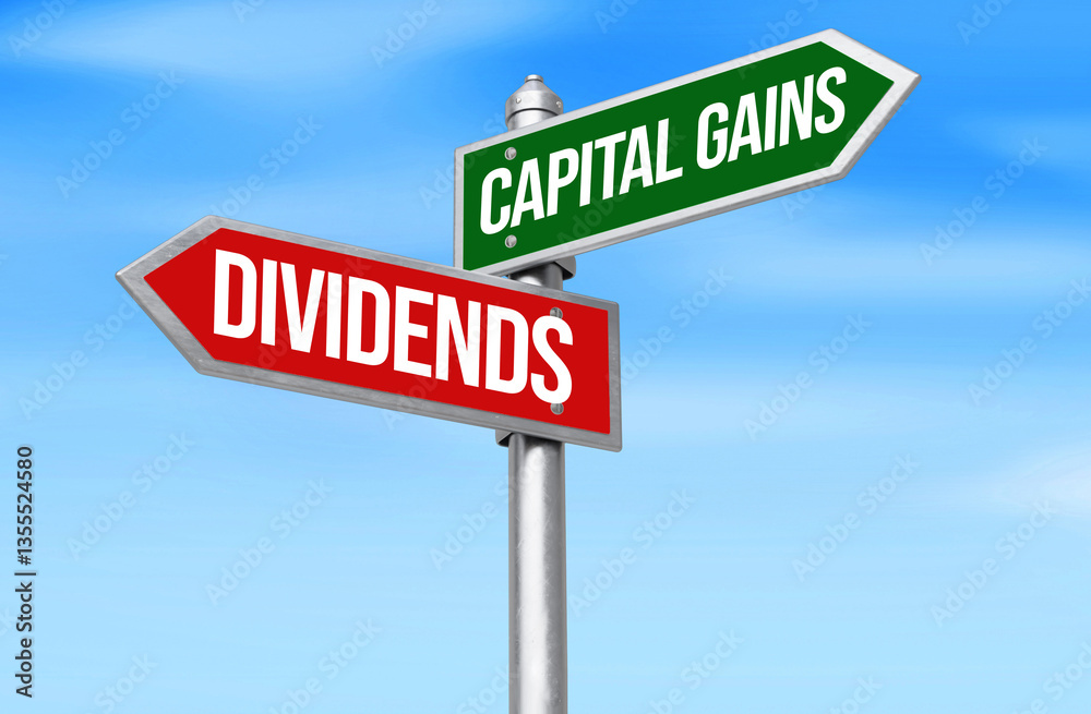 Capital Gains vs Dividends written on the signboards pointing in opposite directions with blue sky in the backdrop. Capital Gains vs Dividends written on the signboards pointing in opposite directions with blue sky in the backdrop.