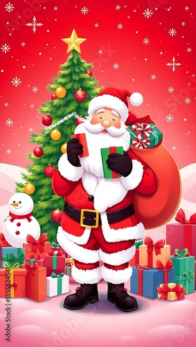 Santa Claus Holding Gifts in Front of a Christmas Tree - Festive Holiday Art, Santa Claus with Gifts, Christmas Celebration Scene, Festive Holiday Illustration, Magical Christmas Scene Santa 8K HD