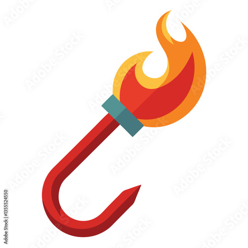 Red hot chili pepper bait on a sharp fishing hook with a treble fishhook and steel lure, isolated on white, symbolizing sport angling and catch equipment in a vector illustration