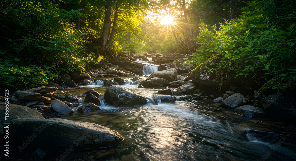Obraz premium Stream Flowing Through Forest with Sunlight Streaming Through Trees