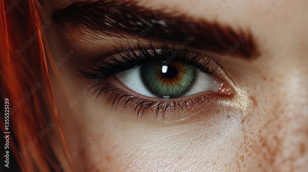 Fototapeta premium Close-up of a woman's expressive eye. Intense gaze, green and gold eye color, freckles, and reddish hair are visible