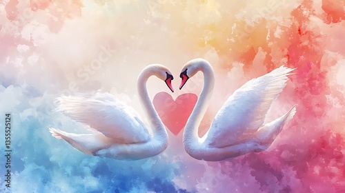 Two white swans form a heart shape on colorful background