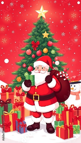 Santa Claus Holding Gifts in Front of a Christmas Tree - Festive Holiday Art, Santa Claus with Gifts, Christmas Celebration Scene, Festive Holiday Illustration, Magical Christmas Scene Santa 8K HD