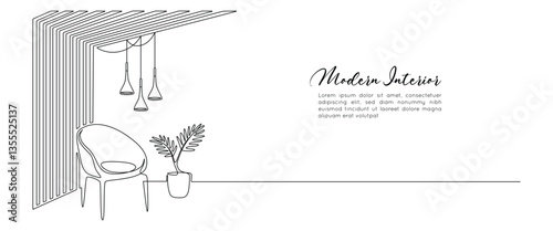 Modern design interior with armchair and wood panels walls in one continuous line drawing. Hygge scandinavian decor and soft furniture chair in simple linear style. Doodle contour vector illustration