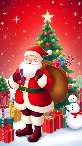 Santa Claus Holding Gifts in Front of a Christmas Tree - Festive Holiday Art, Santa Claus with Gifts, Christmas Celebration Scene, Festive Holiday Illustration, Magical Christmas Scene Santa 8K HD