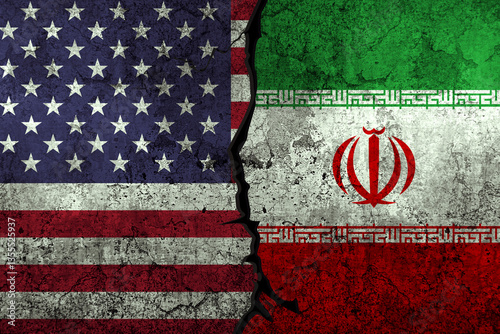 Foto USA vs Iran political clashes and conflict representation with flags painted on