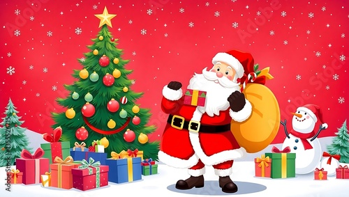 Santa Claus Holding Gifts in Front of a Christmas Tree - Festive Holiday Art, Santa Claus with Gifts, Christmas Celebration Scene, Festive Holiday Illustration, Magical Christmas Scene Santa 8K HD