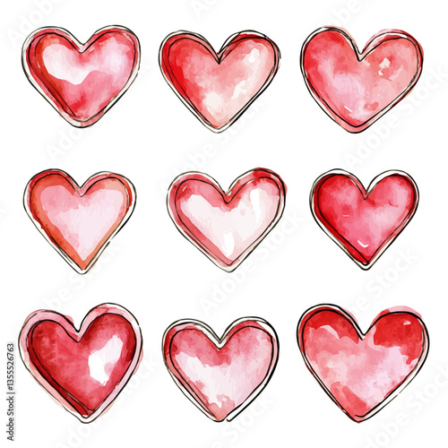 watercolor of Red Heart-shaped Cookie Cutters, isolated on a white background.