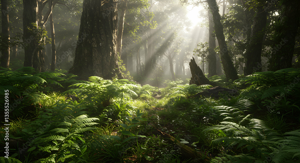Fototapeta premium Sunlight Streaming Through Trees in a Lush Fern Filled Forest