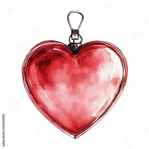 Red Heart-shaped Locket, watercolor illustration, isolated on a white background.