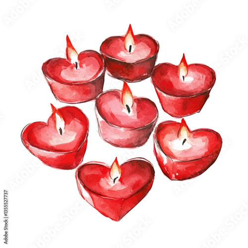 Red Love Candles In Heart Shapes, watercolor vector, isolated on a white background.