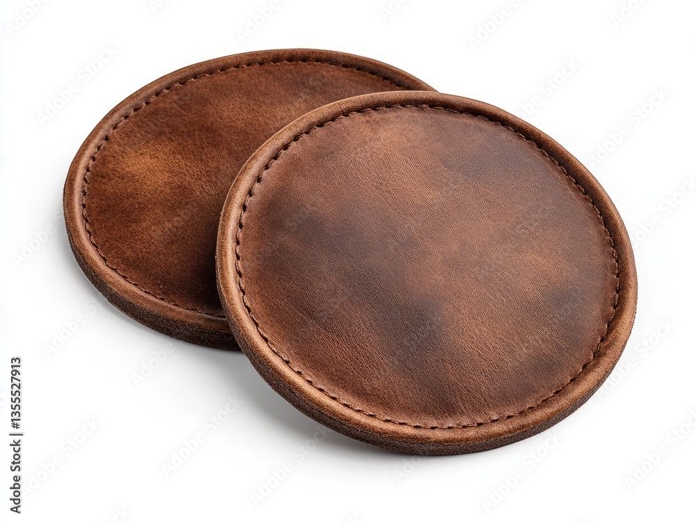 Two brown leather coasters, close-up, isolated Two brown leather coasters, close-up, isolated