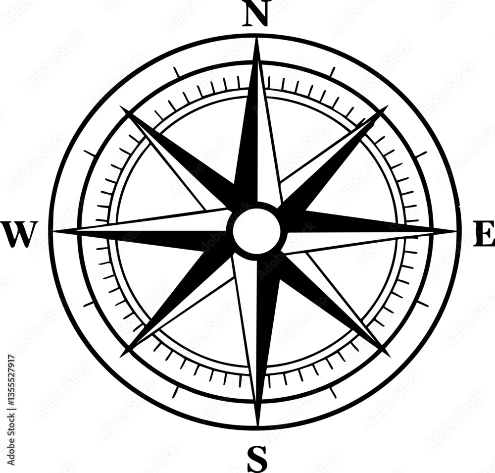 Illustrated compass rose displaying cardinal directions on a white background This image can be used for educational materials or design projects. Illustrated compass rose displaying cardinal directions on a white background This image can be used for educational materials or design projects.
