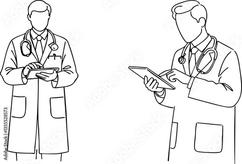 Two doctors wearing lab coats use tablets in this line drawing illustration for medical technology or telehealth.