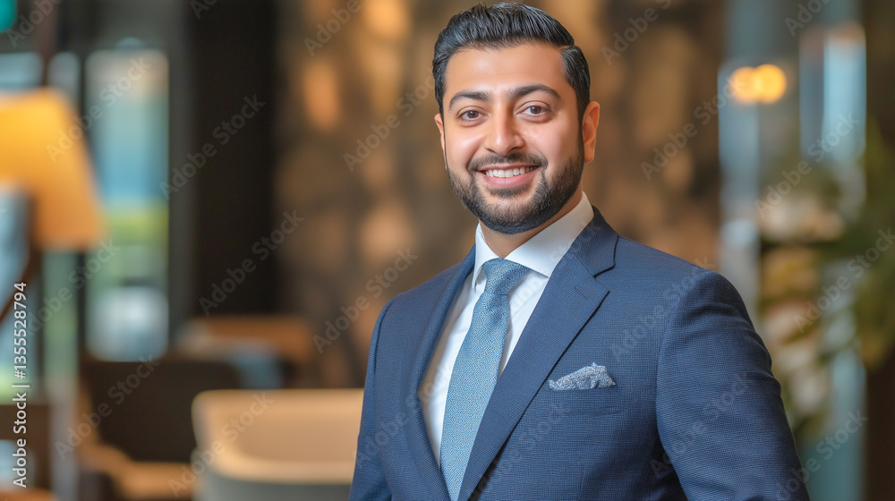 Smiling businessman in formal attire poses confidently in a modern office Smiling businessman in formal attire poses confidently in a modern office