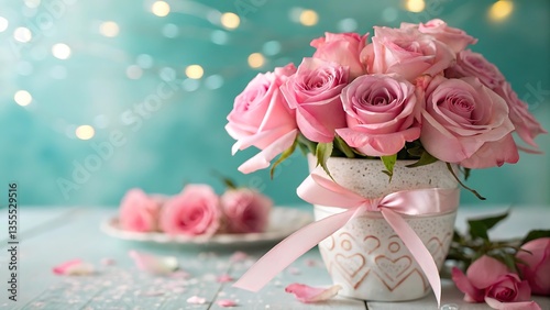 Beautiful Pink Roses Bouquet in Elegant Vase with Romantic Decor
