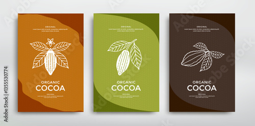 Cocoa packaging design featuring minimalist white line art illustrations of cocoa pods and leaves on textured backgrounds in earthy tones of brown, green, and orange