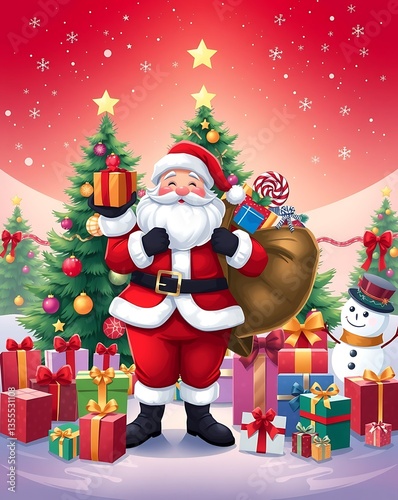 Santa Claus Holding Gifts in Front of a Christmas Tree - Festive Holiday Art, Santa Claus with Gifts, Christmas Celebration Scene, Festive Holiday Illustration, Magical Christmas Scene Santa 8K HD
