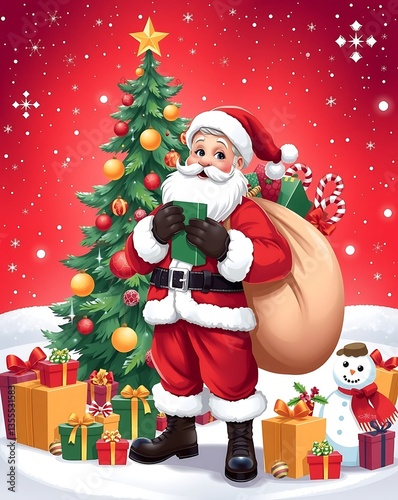 Santa Claus Holding Gifts in Front of a Christmas Tree - Festive Holiday Art, Santa Claus with Gifts, Christmas Celebration Scene, Festive Holiday Illustration, Magical Christmas Scene Santa 8K HD