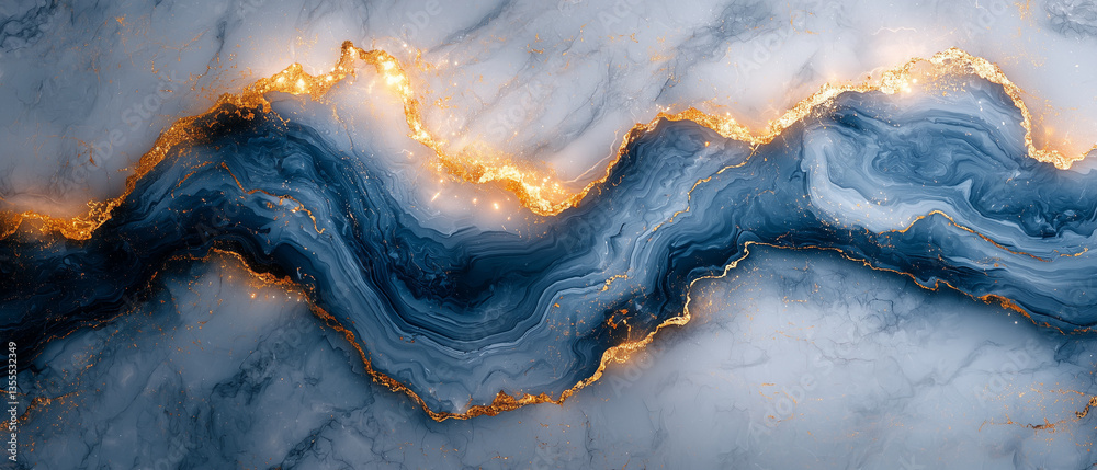 Fototapeta premium Élégant marbre blanc avec nervures bleues et dorées – Illustration hyperréaliste et luxueuse