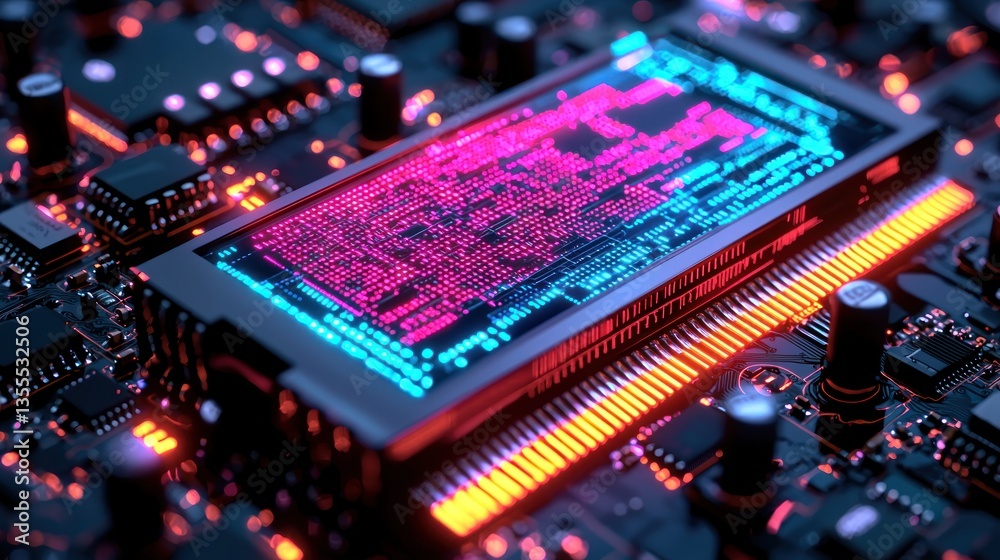 Obraz premium Neon Circuitry: A Close-Up of a Futuristic Microchip