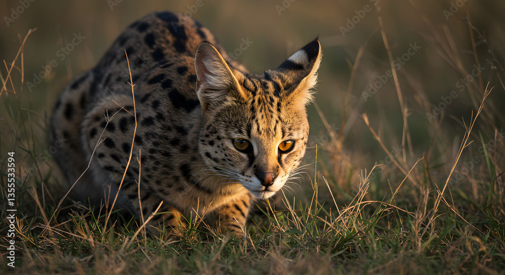 Obraz premium Spotted Wildcat Crouching in Grassy Field During Golden Hour Light