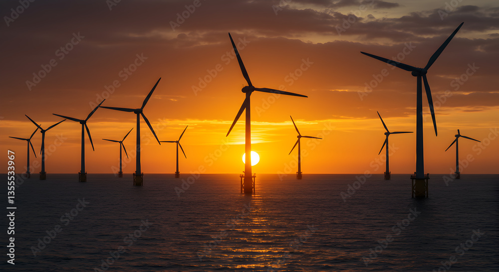 Obraz premium Wind Turbines Generating Clean Energy at Sea During Stunning Sunset